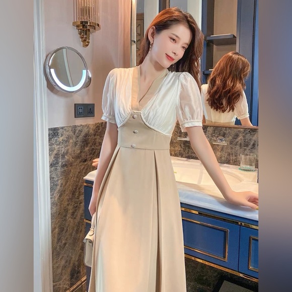 Women Doll Collar Breaded A-Line Elegant Two-Tone Pearl Trim Maxi Dress – Size M - Picture 2 of 13